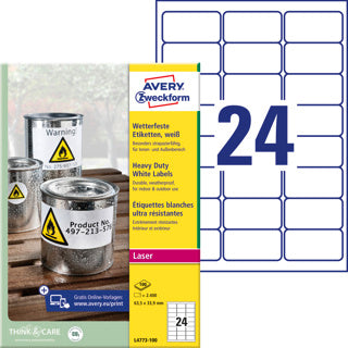 AVERY ZWECKFORM Wetterfeste Etiketten L4773-100 2.400 Stück permanent 63.5 x 33.9 mm weiß