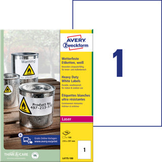 AVERY ZWECKFORM Wetterfeste Etiketten L4775-100 100 Stück permanent 210 x 297 mm weiß