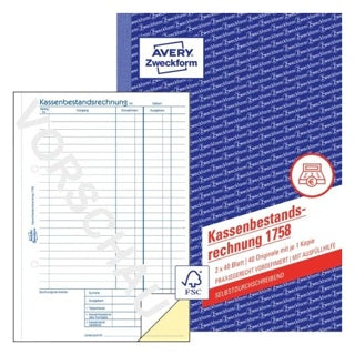 AVERY ZWECKFORM Kassenbestandsrechnung 1758 2x 40 Blatt A5 selbstdurchschreibend