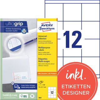 AVERY ZWECKFORM Universaletiketten ultragrip 3661 1.200 Stück permanent 70 x 67.7 mm weiß