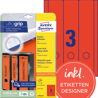 AVERY ZWECKFORM Ordneretiketten ultragrip L4752-20 60 Stück breit/lang permanent 61 x 297 mm rot