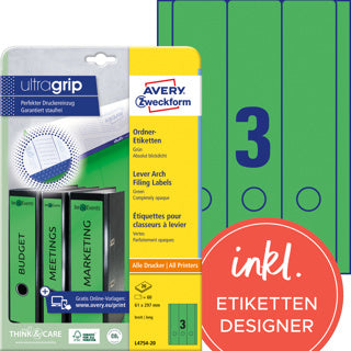 AVERY ZWECKFORM Ordneretiketten ultragrip L4754-20 60 Stück breit/lang permanent 61 x 297 mm grün