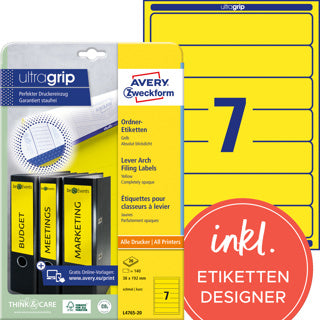 AVERY ZWECKFORM Ordneretiketten ultragrip L4765-20 140 Stück schmal/kurz permanent 38 x 192 mm gelb