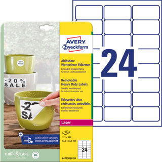 AVERY ZWECKFORM Wetterfeste Etiketten L4773REV-20 480 Stück ablösbar 63.5 x 33.9 mm weiß