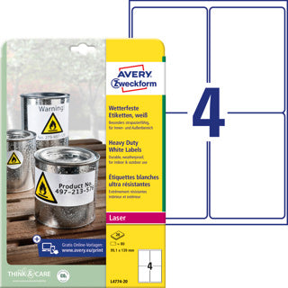 AVERY ZWECKFORM Wetterfeste Etiketten L4774-20 80 Stück permanent 99.1 x 139 mm weiß