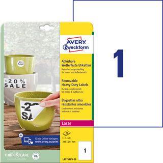 AVERY ZWECKFORM Wetterfeste Etiketten L4775REV-20 20 Stück ablösbar 210 x 297 mm weiß