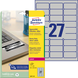 AVERY ZWECKFORM Typenschildetiketten L6011-20 540 Stück permanent 63.5 x 29.6 mm silber