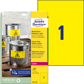 AVERY ZWECKFORM Wetterfeste Etiketten L6111-20 20 Stück permanent 210 x 297 mm gelb