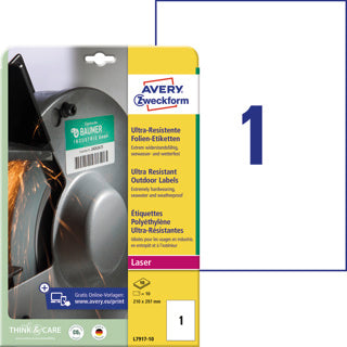 AVERY ZWECKFORM Ultra-Resistente Etiketten L7917-10 10 Stück PE-Folie permanent 210 x 297 mm weiß