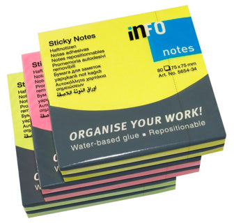 INFO NOTES Haftnotizen 7.5 x 7.5 cm 6 Stück à 80 Blatt mehrere Farben