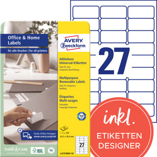AVERY ZWECKFORM Universaletiketten L4737REV-100 2.700 Stück ablösbar 63.5 x 29.6 mm weiß