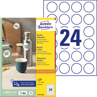 AVERY ZWECKFORM Organisationsetiketten L3415-100 2.400 Stück rund permanent Ø 40 mm weiß