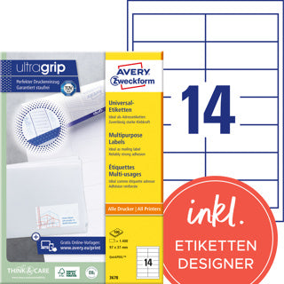 AVERY ZWECKFORM Universaletiketten ultragrip 3678 1.400 Stück permanent 97 x 37 mm weiß