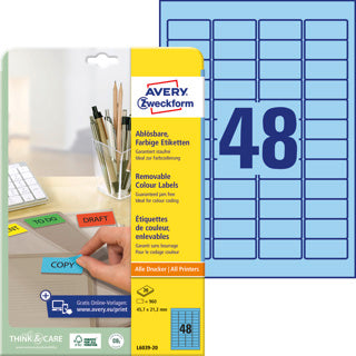 AVERY ZWECKFORM Organisationsetiketten L6039-20 960 Stück ablösbar 45.7 x 21.2 mm blau