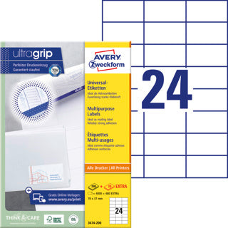 AVERY ZWECKFORM Universaletiketten ultragrip 3474-200 5.280 Stück permanent 70 x 37 mm weiß
