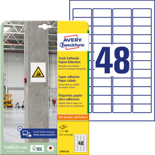 AVERY ZWECKFORM Papieretiketten L7873-20 960 Stück stark haftend 45.7 x 21.2 mm weiß