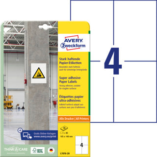 AVERY ZWECKFORM Papieretiketten L7876-20 80 Stück stark haftend 105 x 148 mm weiß