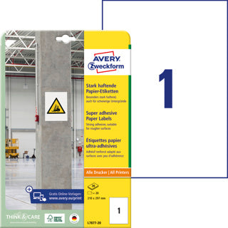 AVERY ZWECKFORM Papieretiketten L7877-20 20 Stück stark haftend 210 x 297 mm weiß