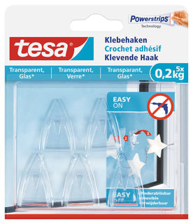 TESA Klebehaken 77734 5 Haken + 8 Strips für Glas transparent