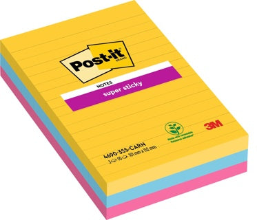 POST-IT® Haftnotizen Super Sticky 4690-S3R 3 Blöcke à 90 Blatt liniert 101 x 152 mm farbig sortiert