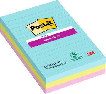 POST-IT® Haftnotizen Super Sticky 4690-3SS-COS 3 Blöcke à 90 Blatt liniert 101 x 152 mm sortiert