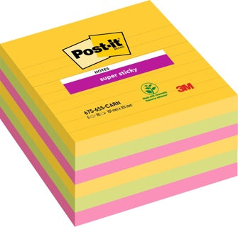 POST-IT® Haftnotizen Super Sticky 675-6SS-CARN 6 Blöcke à 90 Blatt liniert 101 x 101 mm sortiert