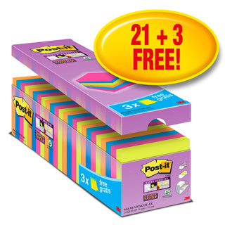 POST-IT® Haftnotizen Super Sticky 654SE24P 24 Blöcke à 90 Blatt 76 x 76 mm farbig sortiert