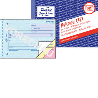 AVERY ZWECKFORM Quittung 1737 3x 40 Blatt A6 quer selbstdurchschreibend MwSt separat