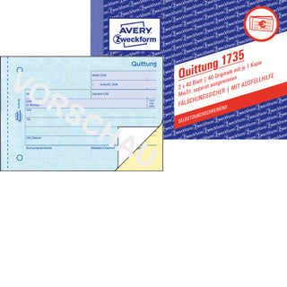 AVERY ZWECKFORM Quittung 1735 2x 40 Blatt A6 quer selbstdurchschreibend MwSt separat