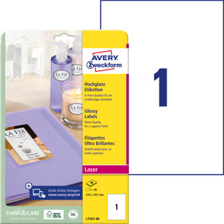 AVERY ZWECKFORM Hochglanzetiketten L7767-40 40 Stück permanent 210 x 297 mm weiß