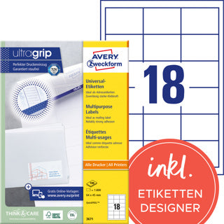 AVERY ZWECKFORM Universaletiketten ultragrip 3671 1.800 Stück permanent 64 x 45 mm weiß