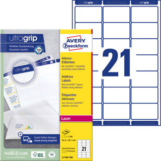 AVERY ZWECKFORM Adressetiketten ultragrip L7160-100 2.100 Stück permanent 63.5 x 38.1 mm weiß