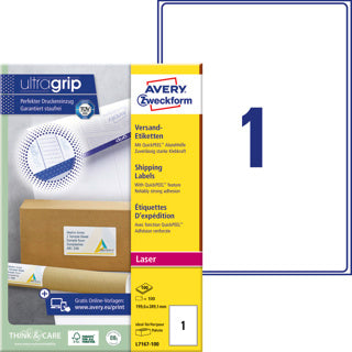 AVERY ZWECKFORM Versandetiketten ultragrip L7167-100 100 Stück permanent 199.6 x 289.1 mm weiß