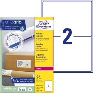 AVERY ZWECKFORM Versandetiketten ultragrip L7168-100 200 Stück permanent 199.6 x 143.5 mm weiß
