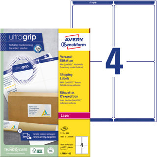 AVERY ZWECKFORM Versandetiketten ultragrip L7169-100 400 Stück permanent 99.1 x 139 mm weiß