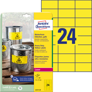 AVERY ZWECKFORM Wetterfeste Etiketten L6131-20 480 Stück permanent 70 x 37 mm gelb