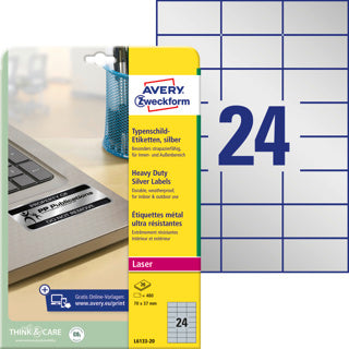 AVERY ZWECKFORM Typenschildetiketten L6133-20 480 Stück permanent 70 x 37 mm silber