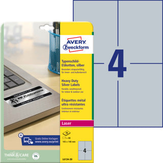 AVERY ZWECKFORM Typenschildetiketten L6134-20 80 Stück permanent 105 x 148 mm silber