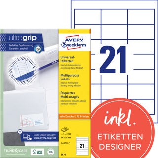 AVERY ZWECKFORM Universaletiketten ultragrip 3670 2.100 Stück permanent 64 x 36 mm weiß