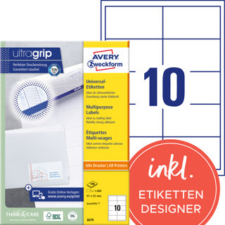 AVERY ZWECKFORM Universaletiketten ultragrip 3679 1.000 Stück permanent 97 x 55 mm weiß