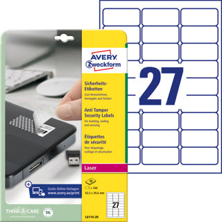 AVERY ZWECKFORM Sicherheitsetiketten L6114-20 540 Stück permanent 63.5 x 29.6 mm weiß