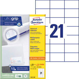 AVERY ZWECKFORM Universaletiketten ultragrip 3652-200 4.620 Stück permanent 70 x 42.3 mm weiß