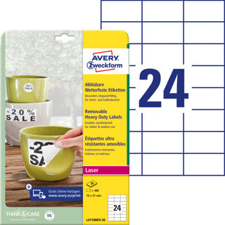 AVERY ZWECKFORM Wetterfeste Etiketten L4718REV-20 480 Stück ablösbar 70 x 37 mm weiß