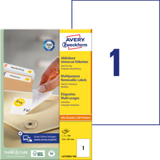 AVERY ZWECKFORM Universaletiketten L4735REV-100 100 Stück ablösbar 210 x 297 mm weiß