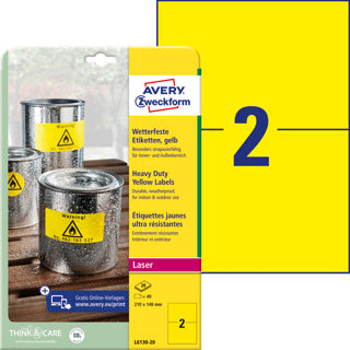AVERY ZWECKFORM Wetterfeste Etiketten L6130-20 40 Stück permanent 210 x 148 mm gelb