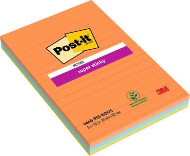 POST-IT® Haftnotizen Super Sticky 46453SSA 3 Blöcke à 45 Blatt liniert 101x152mm farbig sortiert