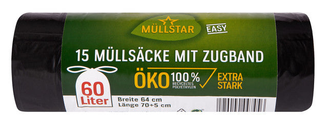 MÜLLSTAR ÖKO Müllsäcke extrastark mit Zugband 15 Stück 60 Liter 30my schwarz