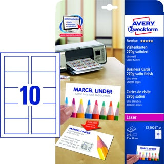 AVERY ZWECKFORM Visitenkarten C32026-25 250 Stück 270 g/m² satiniert 85 x 54 mm ultraweiß