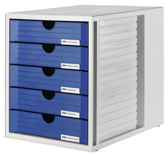 HAN Schubladenbox Systembox 1450-14 mit 5 Laden DIN A4/C4 lichtgrau-blau