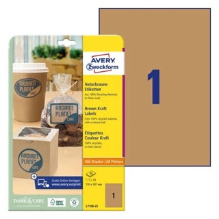 AVERY ZWECKFORM Kraftpapieretiketten L7109-25 25 Stück permanent 210 x 297 mm naturbraun